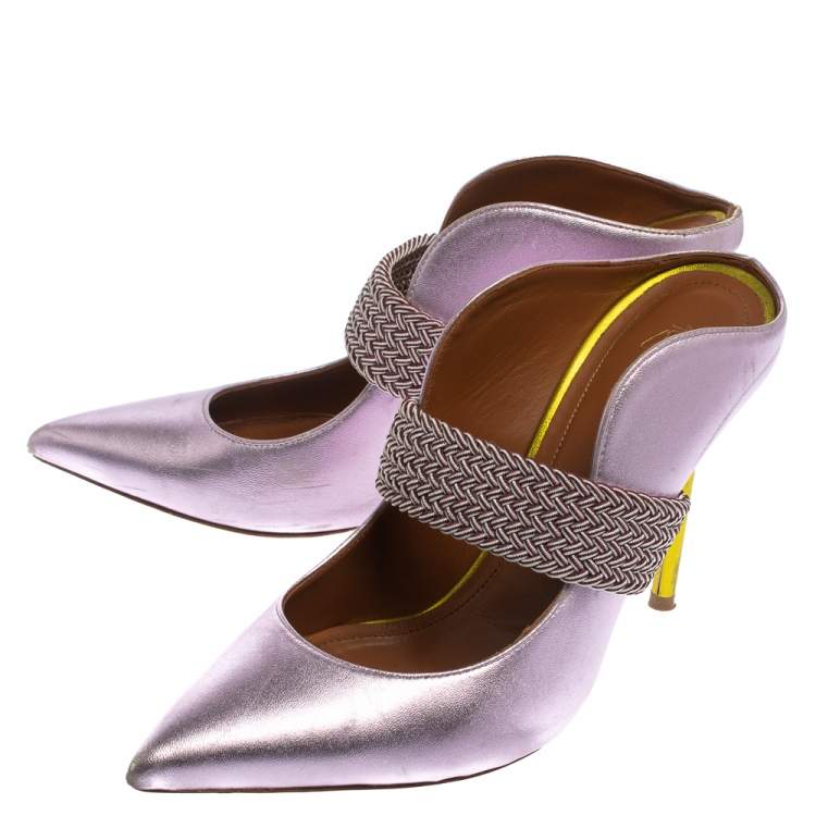Pre Owned Malone Souliers by Roy Luwolt Metallic Purple Leather Mara Pointed Toe Mules Size 38