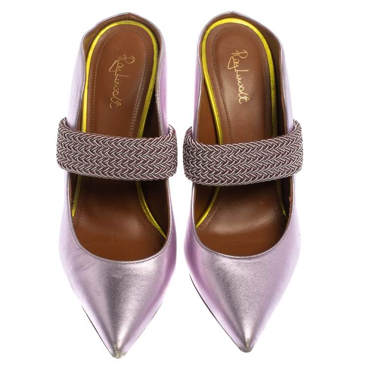 Pre Owned Malone Souliers by Roy Luwolt Metallic Purple Leather Mara Pointed Toe Mules Size 38