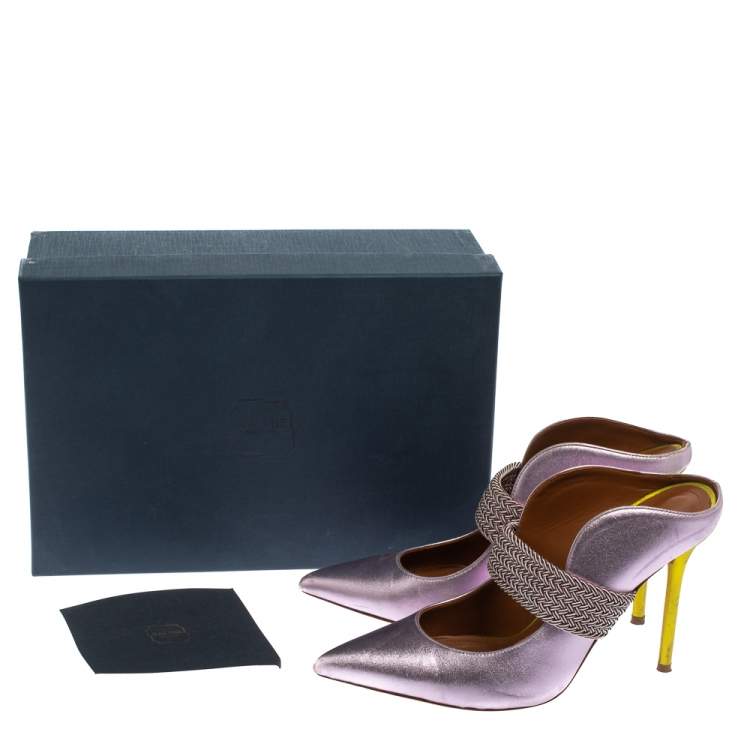 Pre Owned Malone Souliers by Roy Luwolt Metallic Purple Leather Mara Pointed Toe Mules Size 38