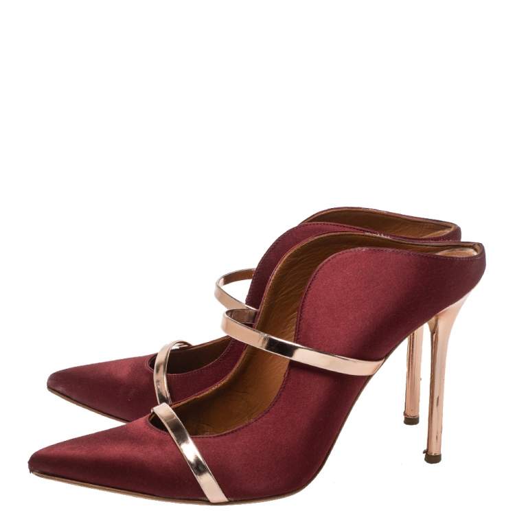 Pre Owned Malone Souliers Satin Burgundy Maureen Pointed Toe Mules Size 40.5