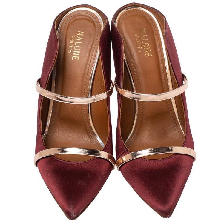 Pre Owned Malone Souliers Satin Burgundy Maureen Pointed Toe Mules Size 40.5