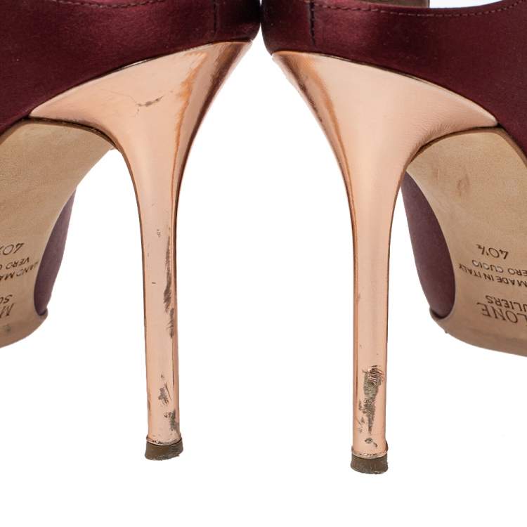 Pre Owned Malone Souliers Satin Burgundy Maureen Pointed Toe Mules Size 40.5