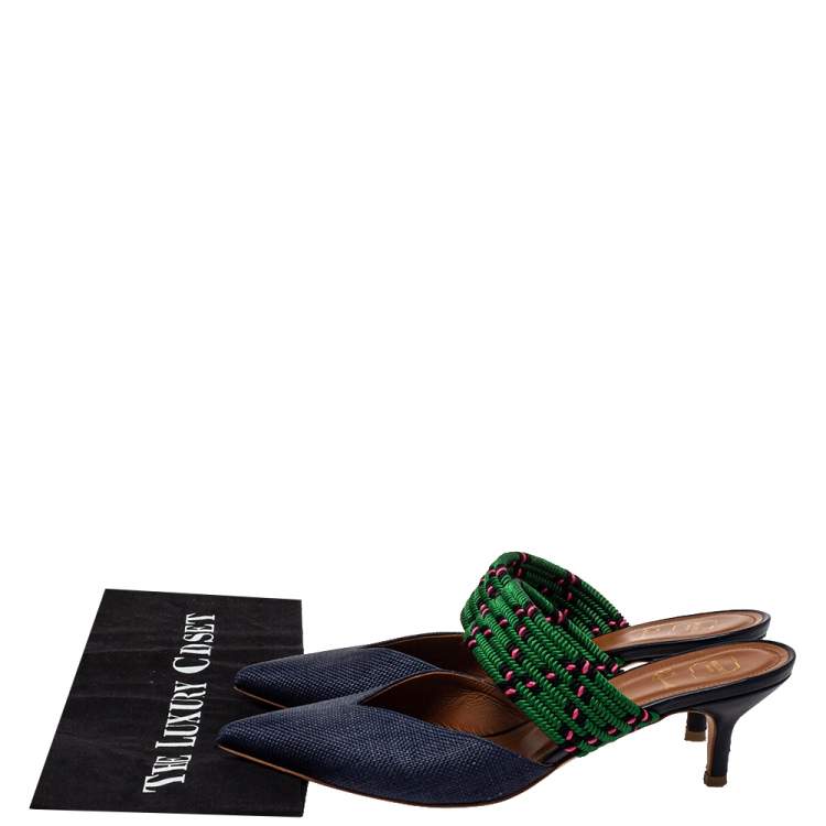 Pre Owned Malone Souliers by Roy Luwolt Blue/Green Canvas And Raffia Maisie Pointed Toe Mules Size 39
