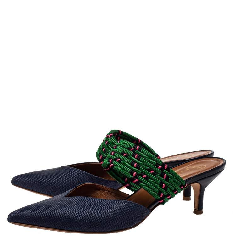Pre Owned Malone Souliers by Roy Luwolt Blue/Green Canvas And Raffia Maisie Pointed Toe Mules Size 39