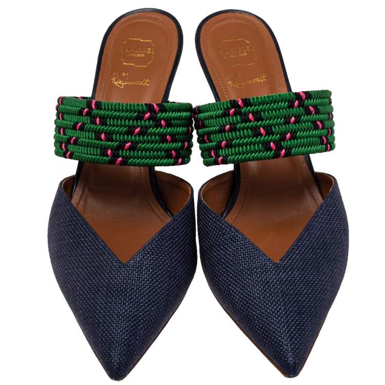 Pre Owned Malone Souliers by Roy Luwolt Blue/Green Canvas And Raffia Maisie Pointed Toe Mules Size 39