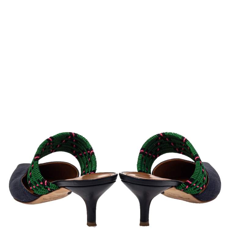 Pre Owned Malone Souliers by Roy Luwolt Blue/Green Canvas And Raffia Maisie Pointed Toe Mules Size 39
