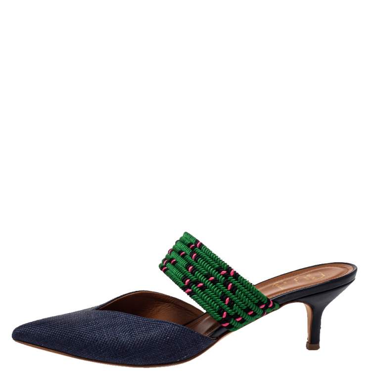 Pre Owned Malone Souliers by Roy Luwolt Blue/Green Canvas And Raffia Maisie Pointed Toe Mules Size 39