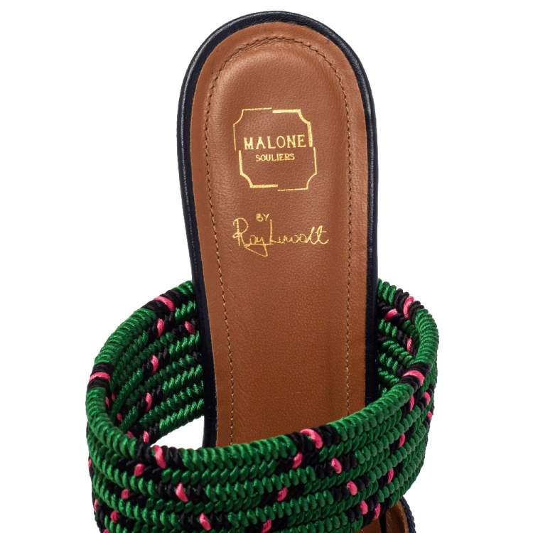 Pre Owned Malone Souliers by Roy Luwolt Blue/Green Canvas And Raffia Maisie Pointed Toe Mules Size 39