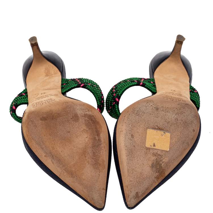 Pre Owned Malone Souliers by Roy Luwolt Blue/Green Canvas And Raffia Maisie Pointed Toe Mules Size 39