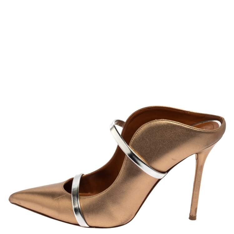 Pre Owned Malone Souliers by Roy Luwolt Glod/Silver Leather Maureen Pointed Toe Mules Size 40
