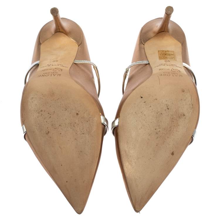 Pre Owned Malone Souliers by Roy Luwolt Glod/Silver Leather Maureen Pointed Toe Mules Size 40