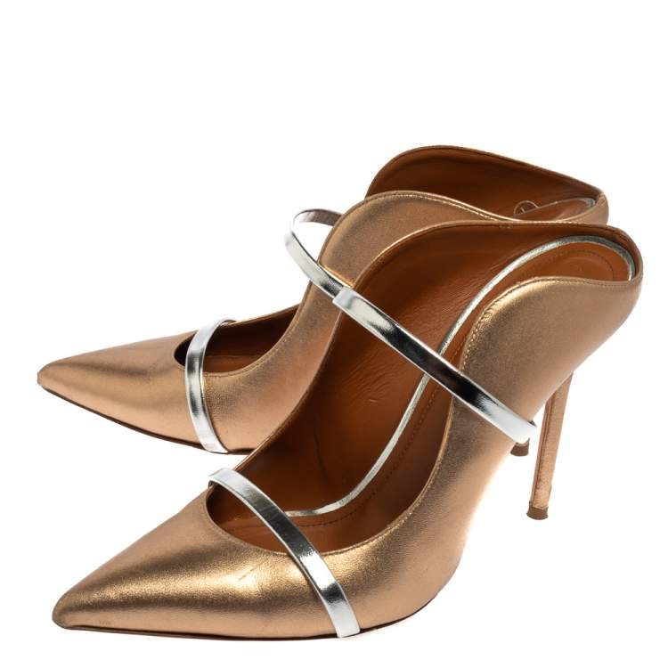 Pre Owned Malone Souliers by Roy Luwolt Glod/Silver Leather Maureen Pointed Toe Mules Size 40