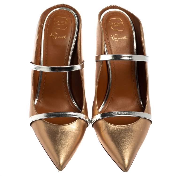 Pre Owned Malone Souliers by Roy Luwolt Glod/Silver Leather Maureen Pointed Toe Mules Size 40