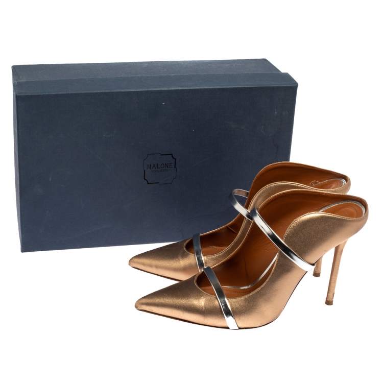 Pre Owned Malone Souliers by Roy Luwolt Glod/Silver Leather Maureen Pointed Toe Mules Size 40