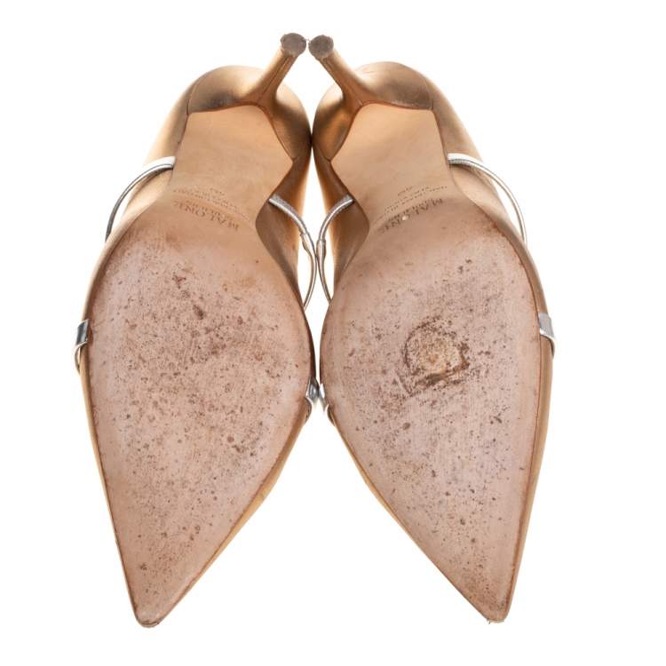 Pre Owned Malone Souliers Gold/Silver Patent And Leather Maureen Pointed Toe Mules Sandals Size 40