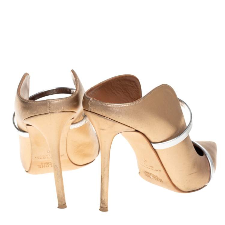 Pre Owned Malone Souliers Gold/Silver Patent And Leather Maureen Pointed Toe Mules Sandals Size 40