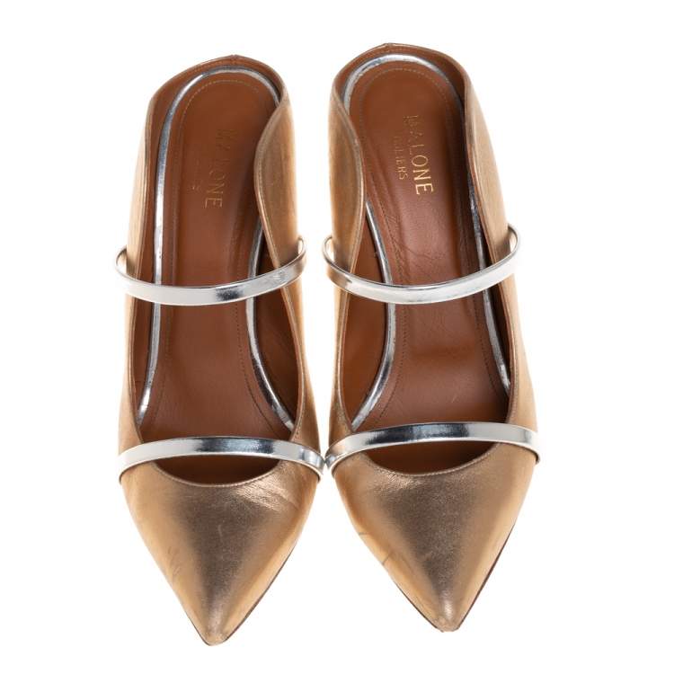 Pre Owned Malone Souliers Gold/Silver Patent And Leather Maureen Pointed Toe Mules Sandals Size 40