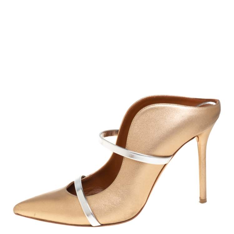 Pre Owned Malone Souliers Gold/Silver Patent And Leather Maureen Pointed Toe Mules Sandals Size 40