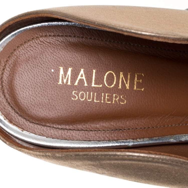 Pre Owned Malone Souliers Gold/Silver Patent And Leather Maureen Pointed Toe Mules Sandals Size 40