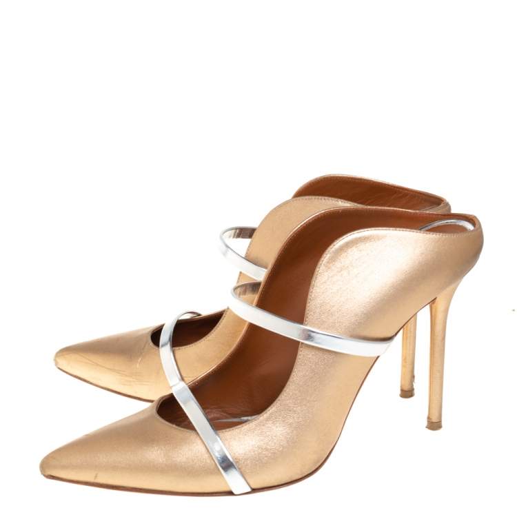 Pre Owned Malone Souliers Gold/Silver Patent And Leather Maureen Pointed Toe Mules Sandals Size 40