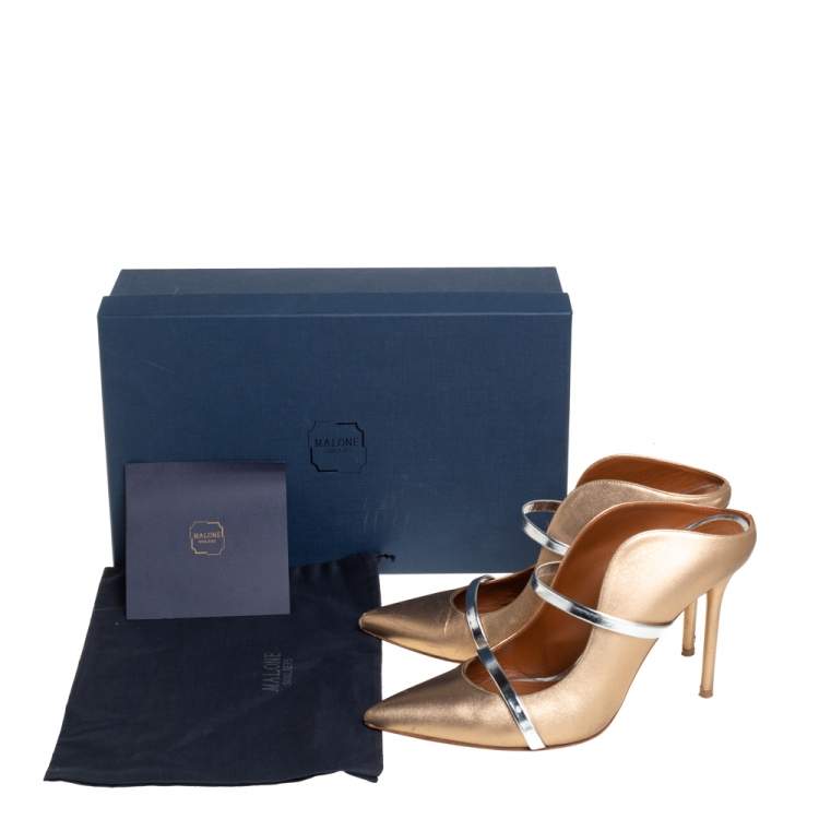 Pre Owned Malone Souliers Gold/Silver Patent And Leather Maureen Pointed Toe Mules Sandals Size 40
