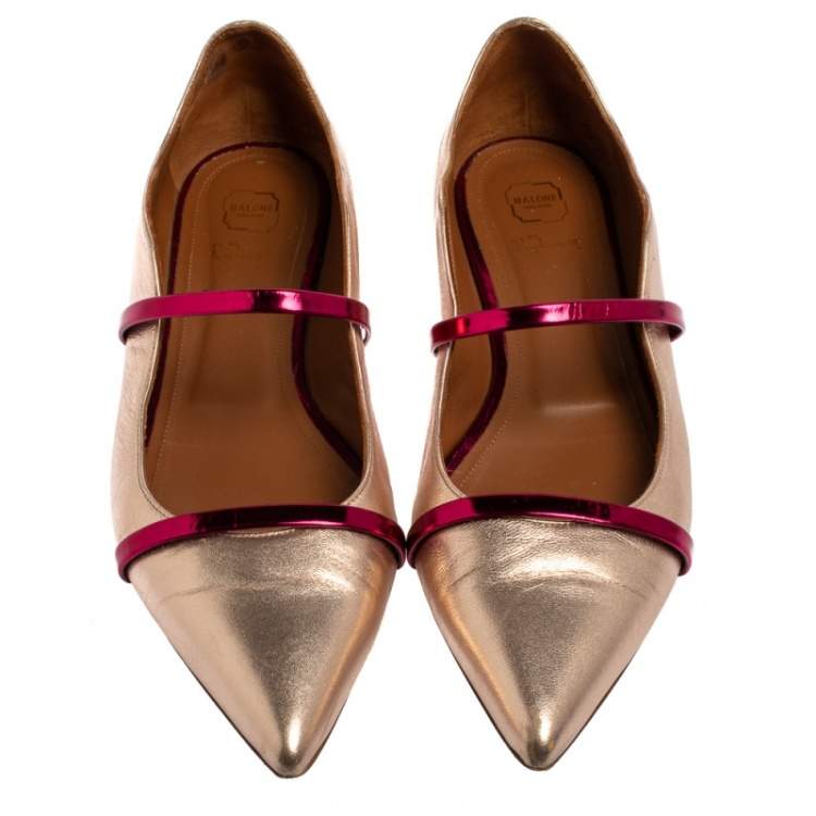 Pre Owned Malone Souliers Metallic Gold Leather Maureen  Ballet Flats Size 41.5