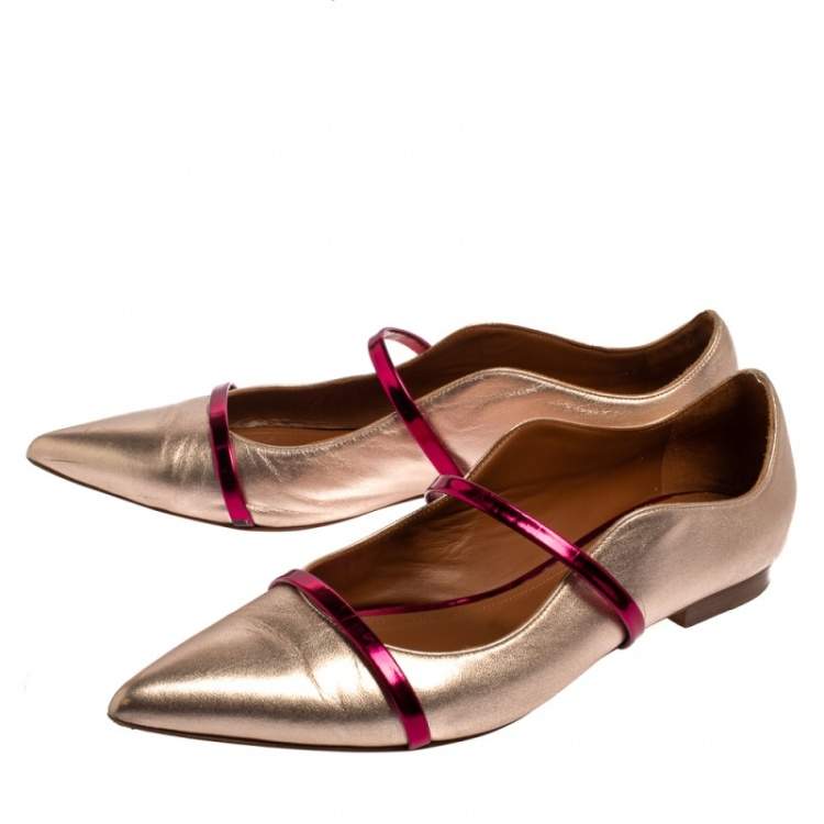 Pre Owned Malone Souliers Metallic Gold Leather Maureen  Ballet Flats Size 41.5