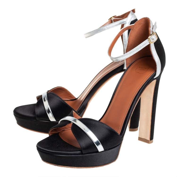 Pre Owned Malone Souliers Black/Silver Satin And Patent Leather Miranda Ankle Strap Sandals Size 39