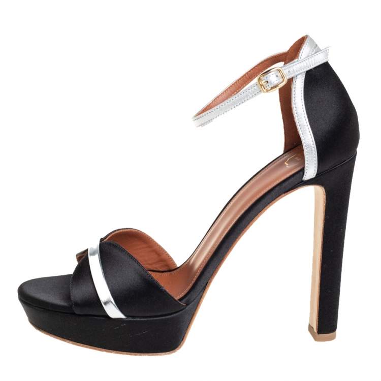 Pre Owned Malone Souliers Black/Silver Satin And Patent Leather Miranda Ankle Strap Sandals Size 39
