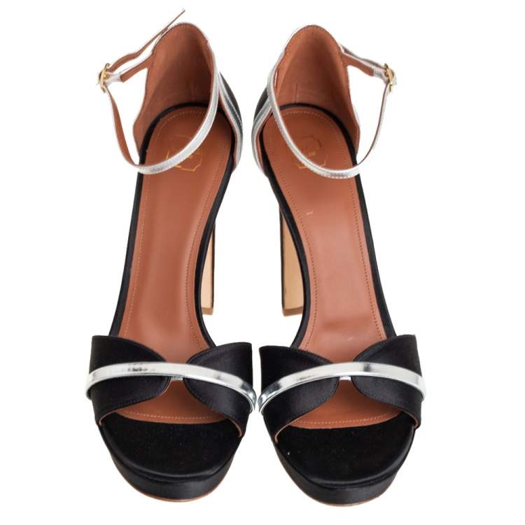 Pre Owned Malone Souliers Black/Silver Satin And Patent Leather Miranda Ankle Strap Sandals Size 39