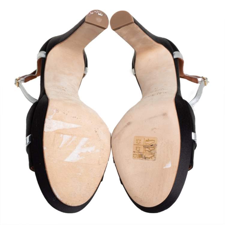 Pre Owned Malone Souliers Black/Silver Satin And Patent Leather Miranda Ankle Strap Sandals Size 39
