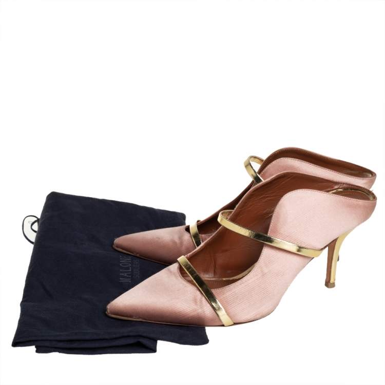 Pre Owned Malone Souliers Beige Satin And Gold Leather Maureen Pointed Toe Mules Size 40