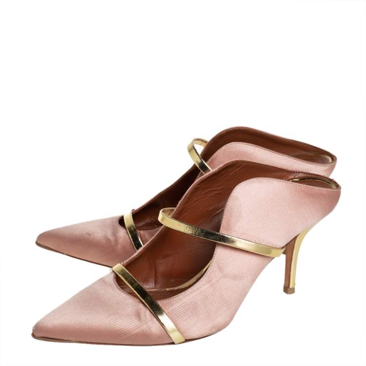 Pre Owned Malone Souliers Beige Satin And Gold Leather Maureen Pointed Toe Mules Size 40