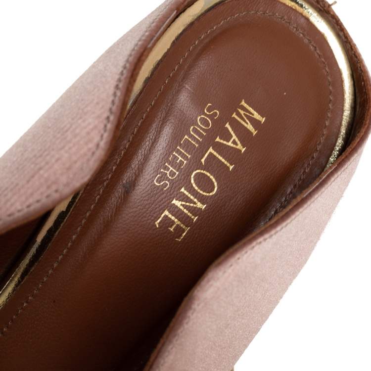 Pre Owned Malone Souliers Beige Satin And Gold Leather Maureen Pointed Toe Mules Size 40