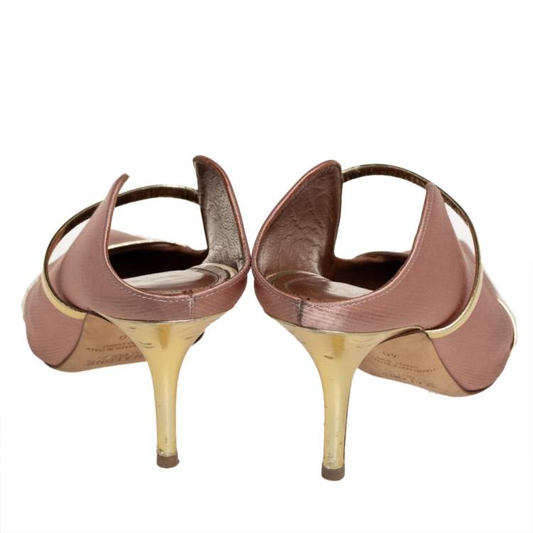 Pre Owned Malone Souliers Beige Satin And Gold Leather Maureen Pointed Toe Mules Size 40