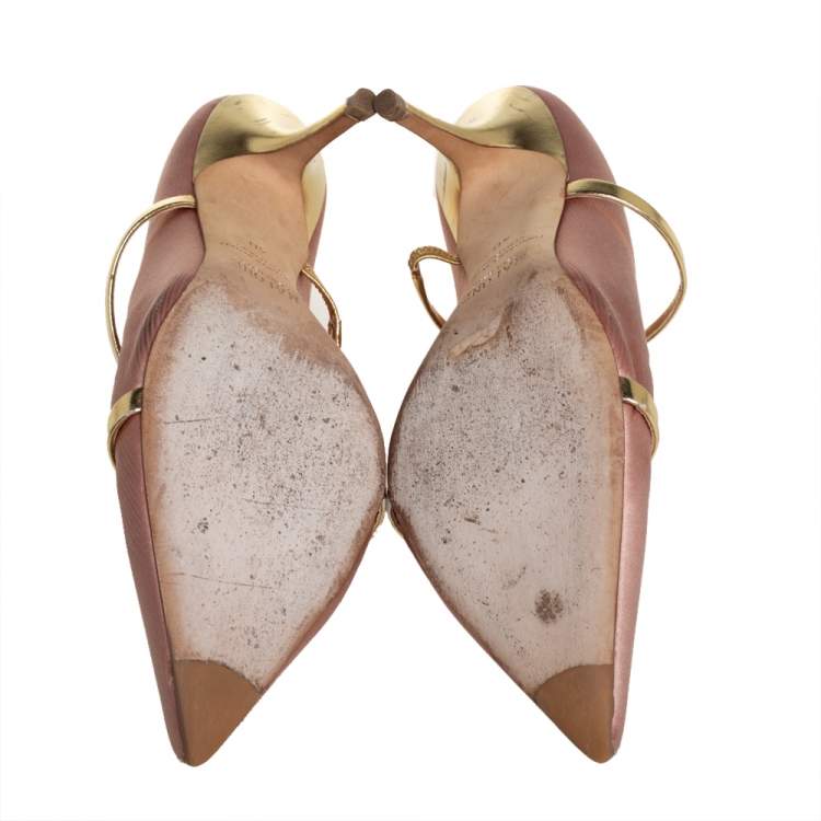 Pre Owned Malone Souliers Beige Satin And Gold Leather Maureen Pointed Toe Mules Size 40