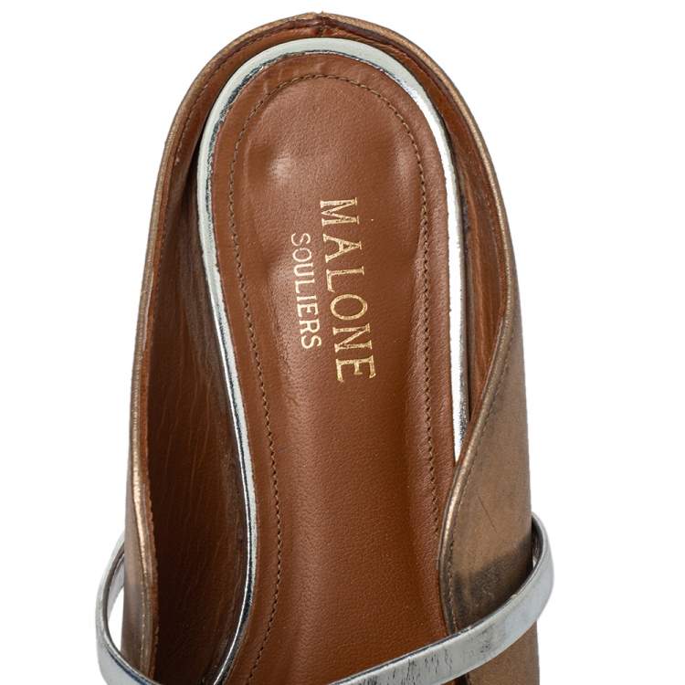 Pre Owned Malone Souliers Sliver/Gold Leather Maureen Pointed Toe Flats Size 37.5