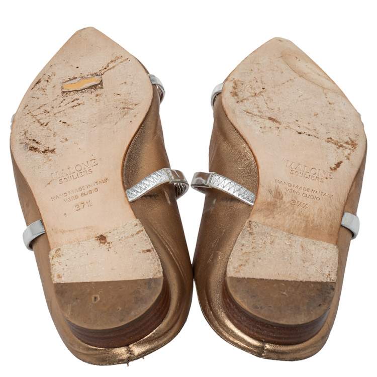 Pre Owned Malone Souliers Sliver/Gold Leather Maureen Pointed Toe Flats Size 37.5