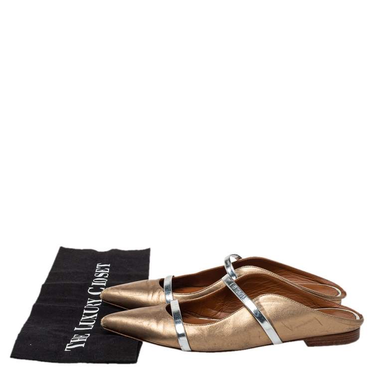 Pre Owned Malone Souliers Sliver/Gold Leather Maureen Pointed Toe Flats Size 37.5