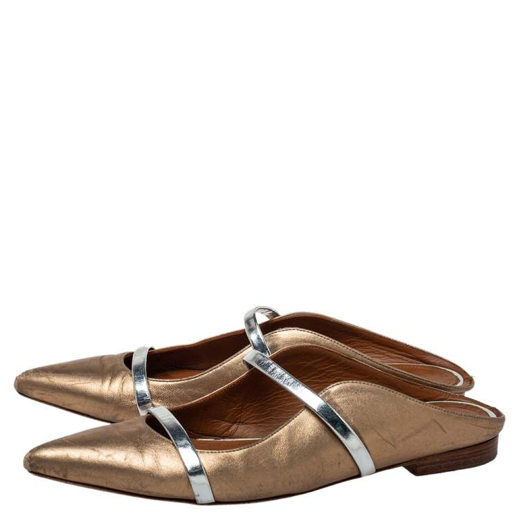 Pre Owned Malone Souliers Sliver/Gold Leather Maureen Pointed Toe Flats Size 37.5