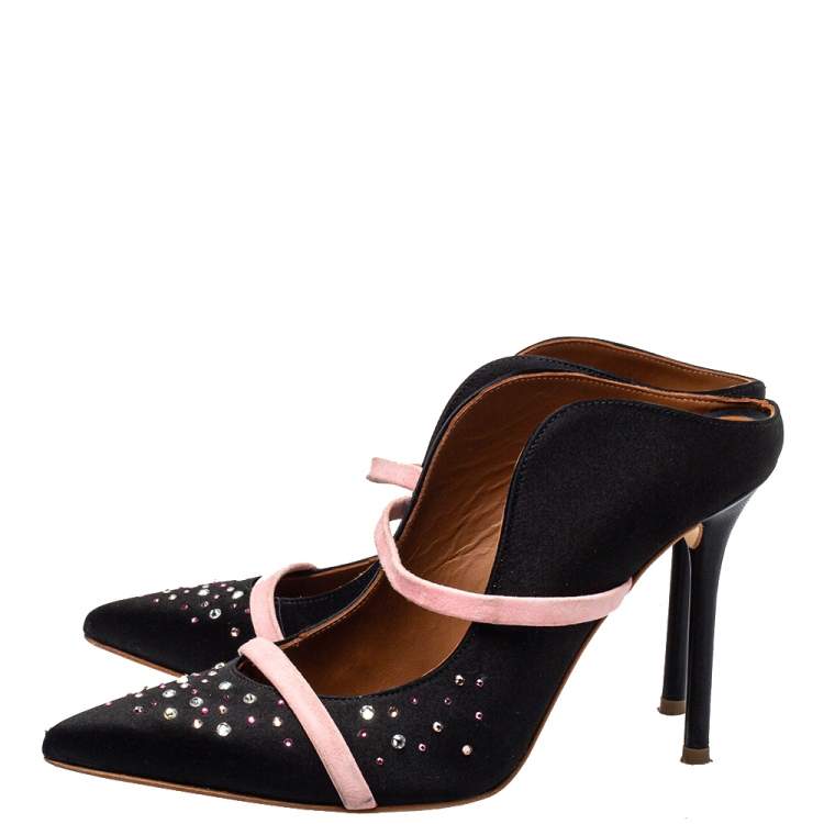 Pre Owned Malone Souliers Black/Pink Satin and Suede Crystal Maureen Mules Sandals Size 37