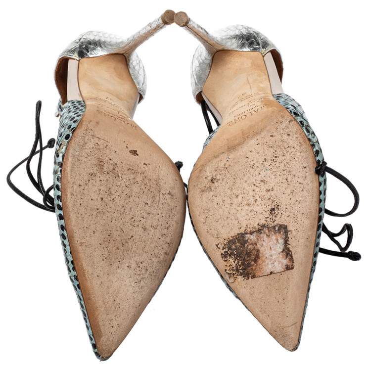 Pre Owned Malone Souliers Multicolor Python Montana Pointed Toe Lace Up Booties Size 37