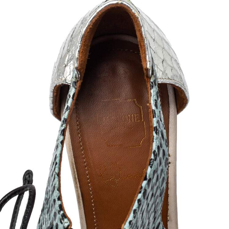 Pre Owned Malone Souliers Multicolor Python Montana Pointed Toe Lace Up Booties Size 37