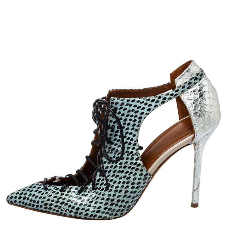 Pre Owned Malone Souliers Multicolor Python Montana Pointed Toe Lace Up Booties Size 37