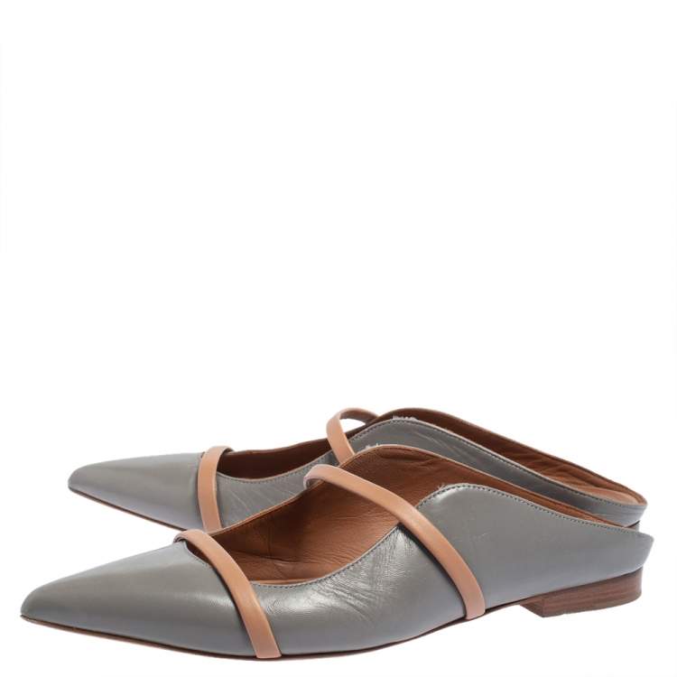 Pre Owned Malone Souliers Grey/Beige Leather Maureen Pointed Toe Flats Size 37.5 