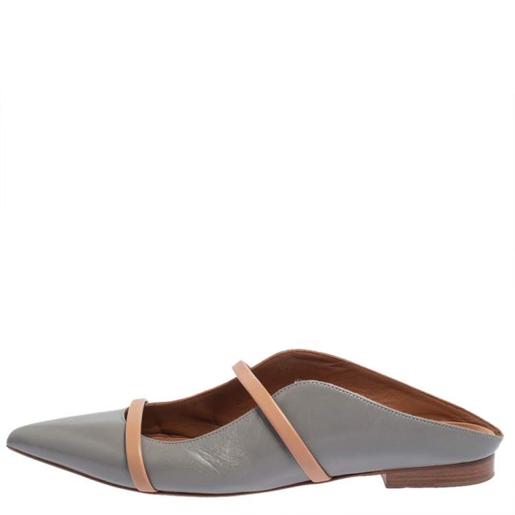 Pre Owned Malone Souliers Grey/Beige Leather Maureen Pointed Toe Flats Size 37.5 