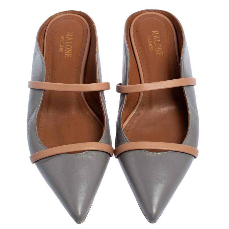 Pre Owned Malone Souliers Grey/Beige Leather Maureen Pointed Toe Flats Size 37.5 