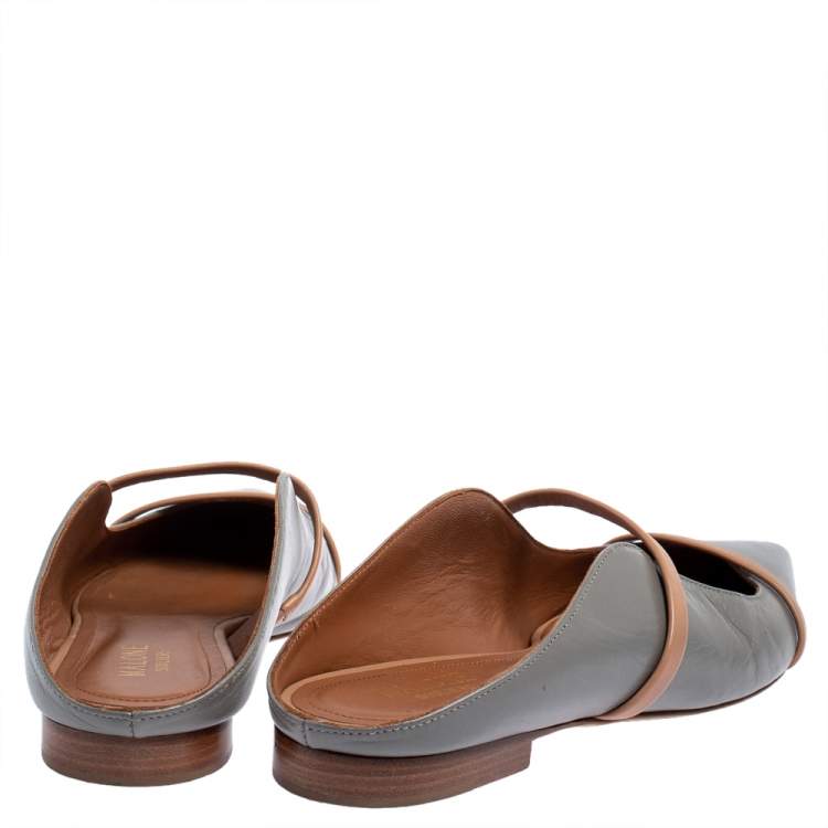 Pre Owned Malone Souliers Grey/Beige Leather Maureen Pointed Toe Flats Size 37.5 
