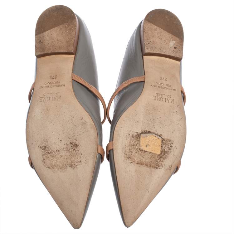 Pre Owned Malone Souliers Grey/Beige Leather Maureen Pointed Toe Flats Size 37.5 
