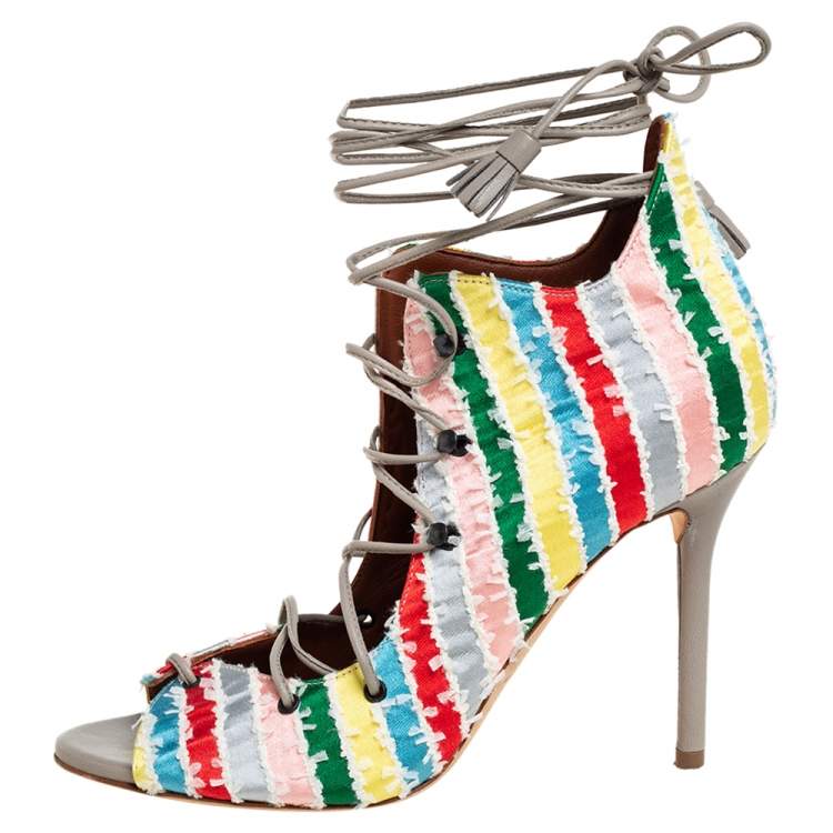 Pre Owned Malone Souliers Multicolour Frayed Fabric Savannah Open Toe Booties Size 36